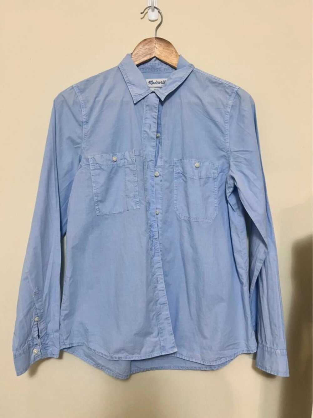 Women's Light Blue Button-Up Cotton Shirt Long Sleeve Size M